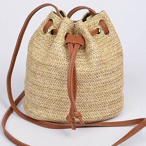 Tan Woven Straw Bucket Bag Shoulder Strap